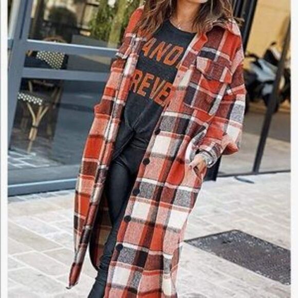 New Plaid Button Down Long Shacket Jacket - Picture 5 of 9